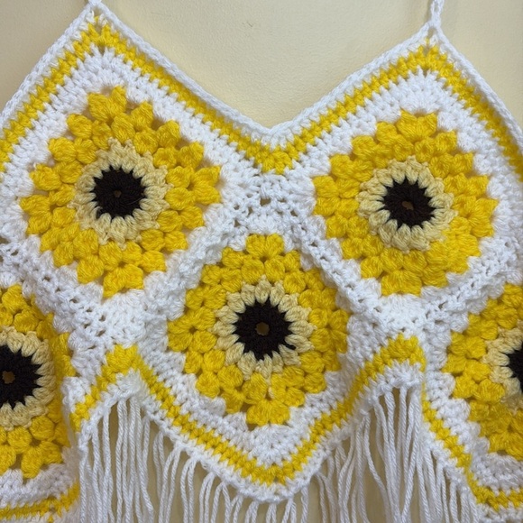 Handmade Crochet Sunflower Yellow Fringe Granny Square Festival Crop Top Med/L - Picture 7 of 10